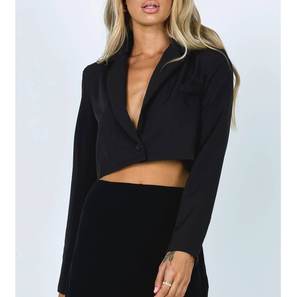 Princess Polly Womens The City Cropped Blazer Jacket Size 6 Black One Button
